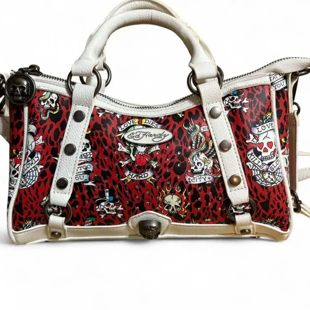 Ed Hardy Y2K Red Leopard Tattoo Skull Satchel Crossbody Bag